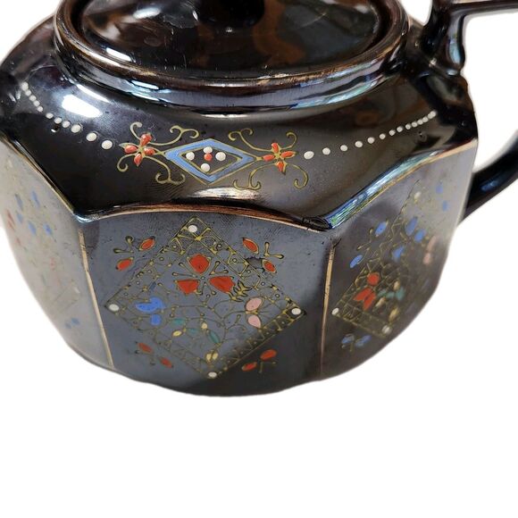 Vintage Japanese Teapot Brown Glazed Gold Trim Hand Painted 8 Sided Ceramic - Picture 8 of 16